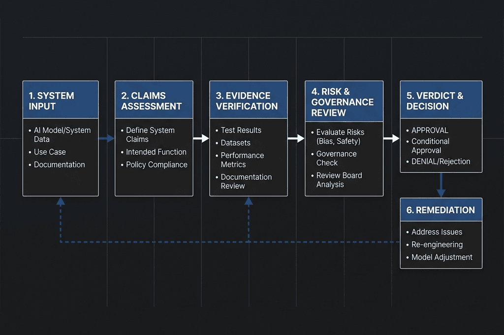 Governance review flow from system input through claims, evidence, governance review, verdict, and remediation.