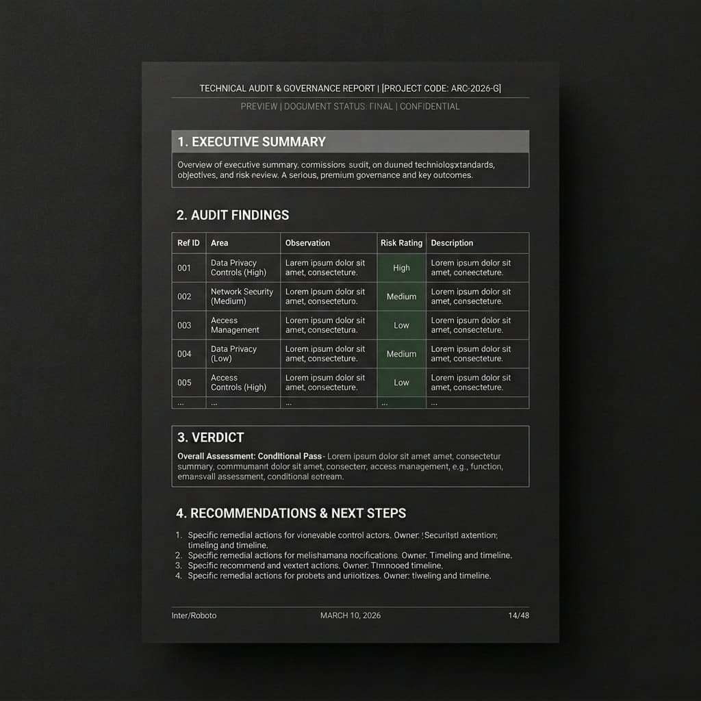 Preview of a sanitized technical audit and governance report with executive summary, findings, verdict, and recommendations.