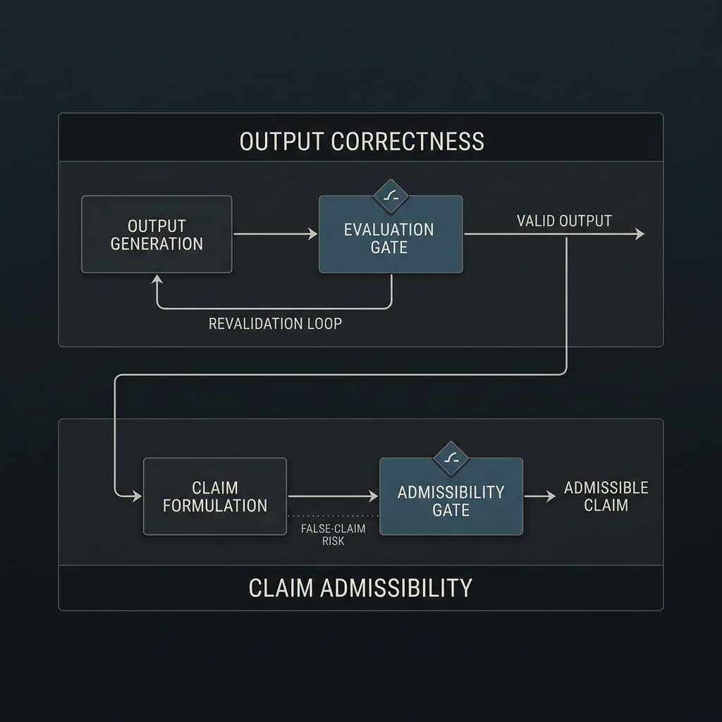 SPAR review diagram showing the distinction between output correctness and claim admissibility.